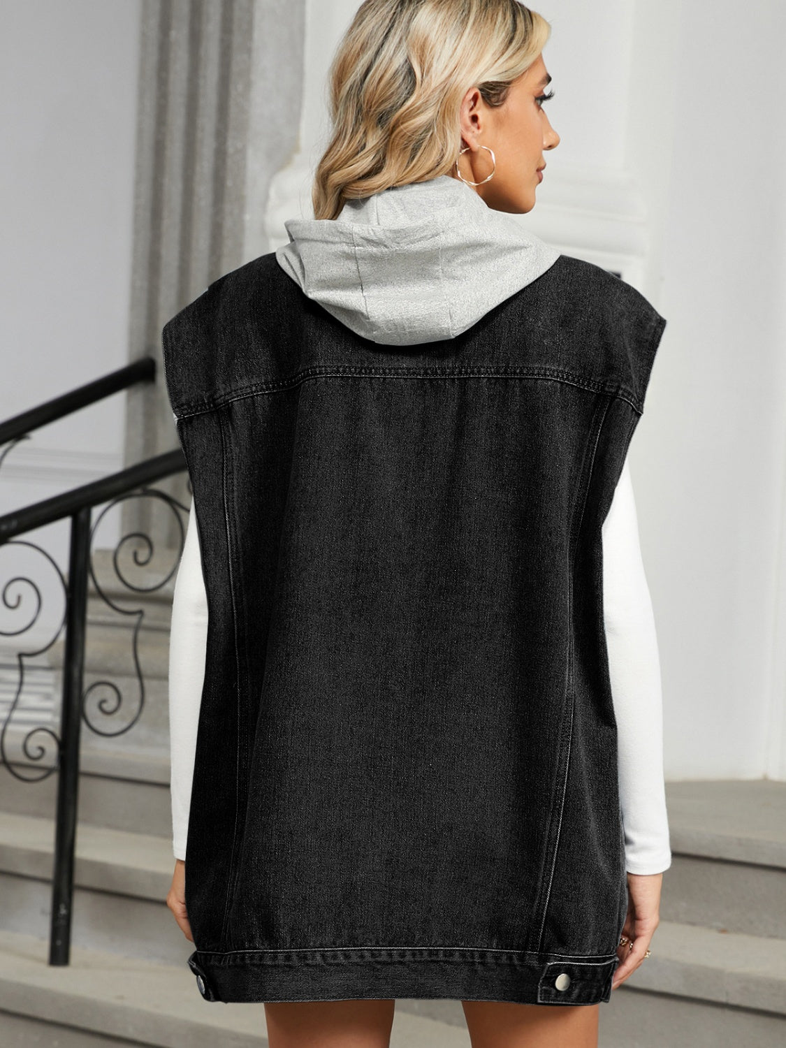 Removable Hood Button Up Cap Sleeve Denim Jacket-Bella Boutique Collective
