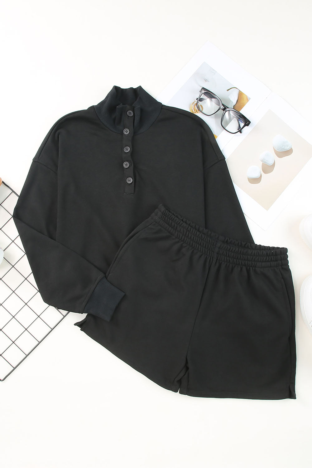 Black Casual High Neck Henley Top and Short Outfit-Bella Boutique Collective