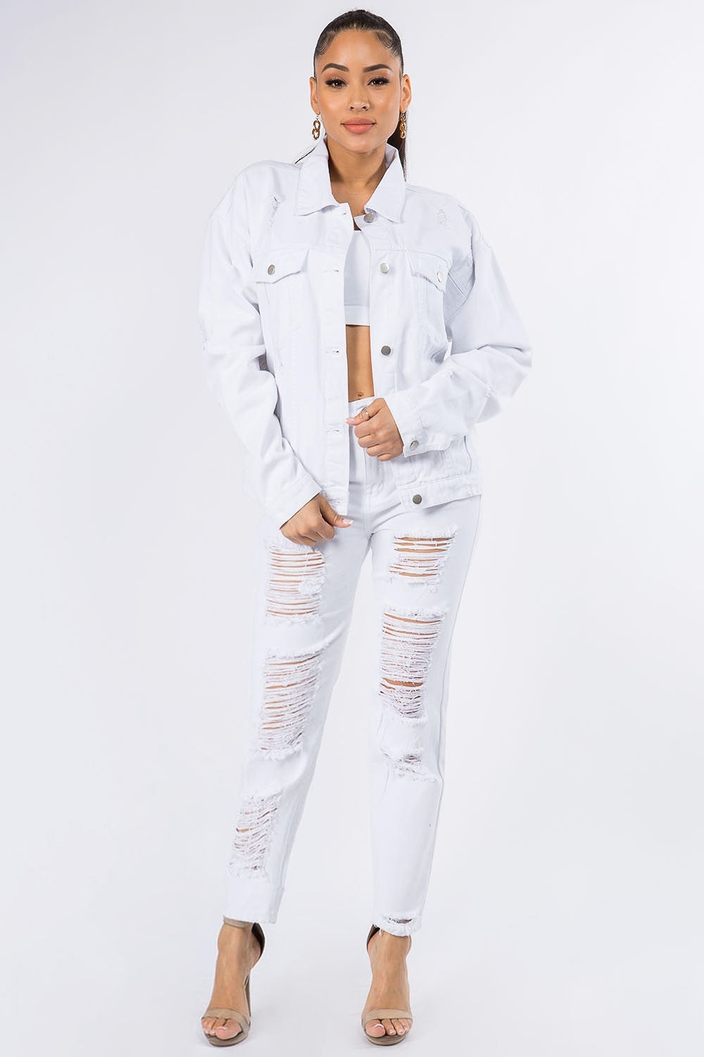 American Bazi Graphic Distressed Long Sleeve Denim Jacket-Bella Boutique Collective