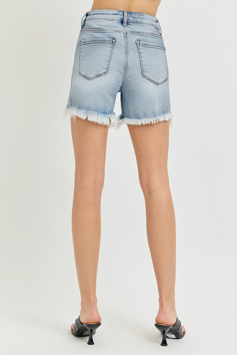 RISEN High Rise Side Step Hem Denim Shorts-Bella Boutique Collective