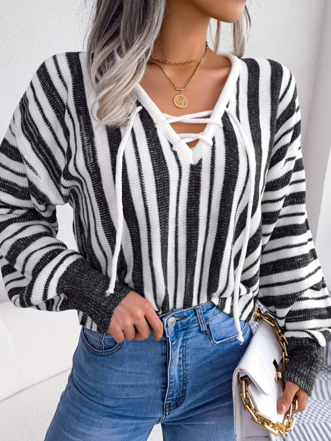 Striped Lace-Up Long Sleeve Sweater-Bella Boutique Collective