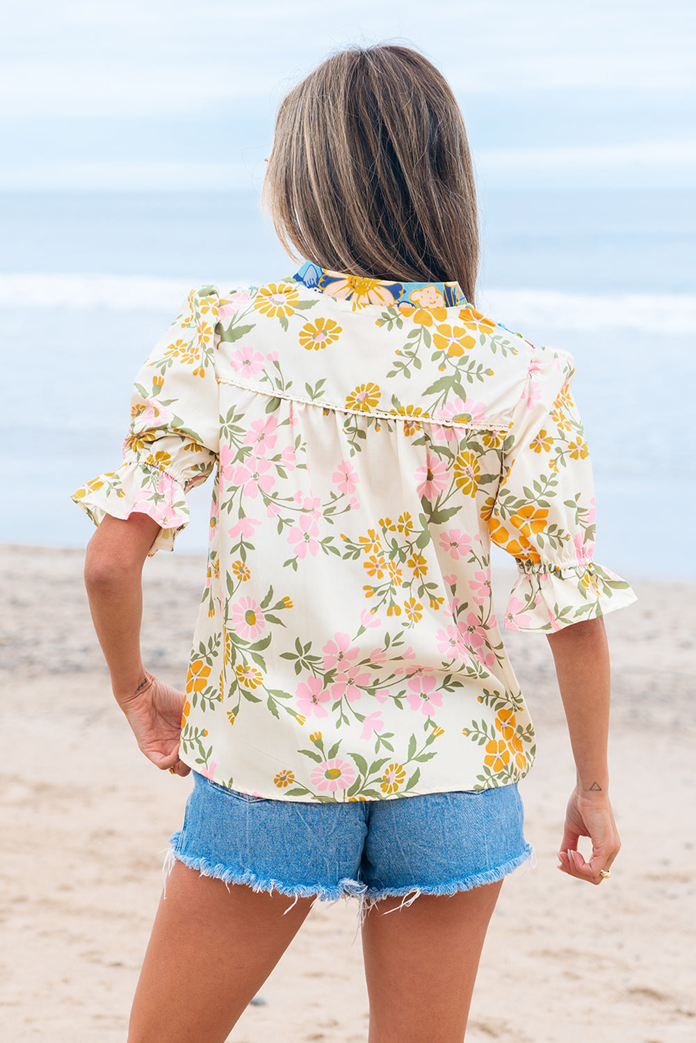 Multicolour Crochet V Neck Half Sleeve Boho Floral Blouse-Bella Boutique Collective