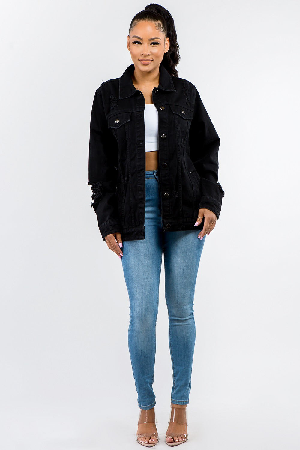 American Bazi Full Size Button Up Distressed Denim Jacket-Bella Boutique Collective