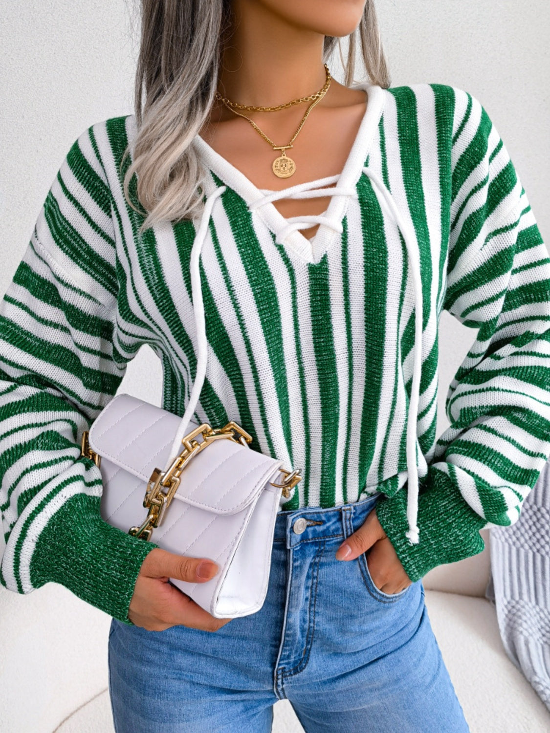 Striped Lace-Up Long Sleeve Sweater-Bella Boutique Collective