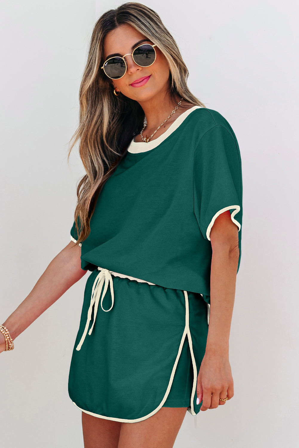 Evergreen Colorblock Edge Drop Shoulder T Shirt and Skort 2Pcs Set-Bella Boutique Collective