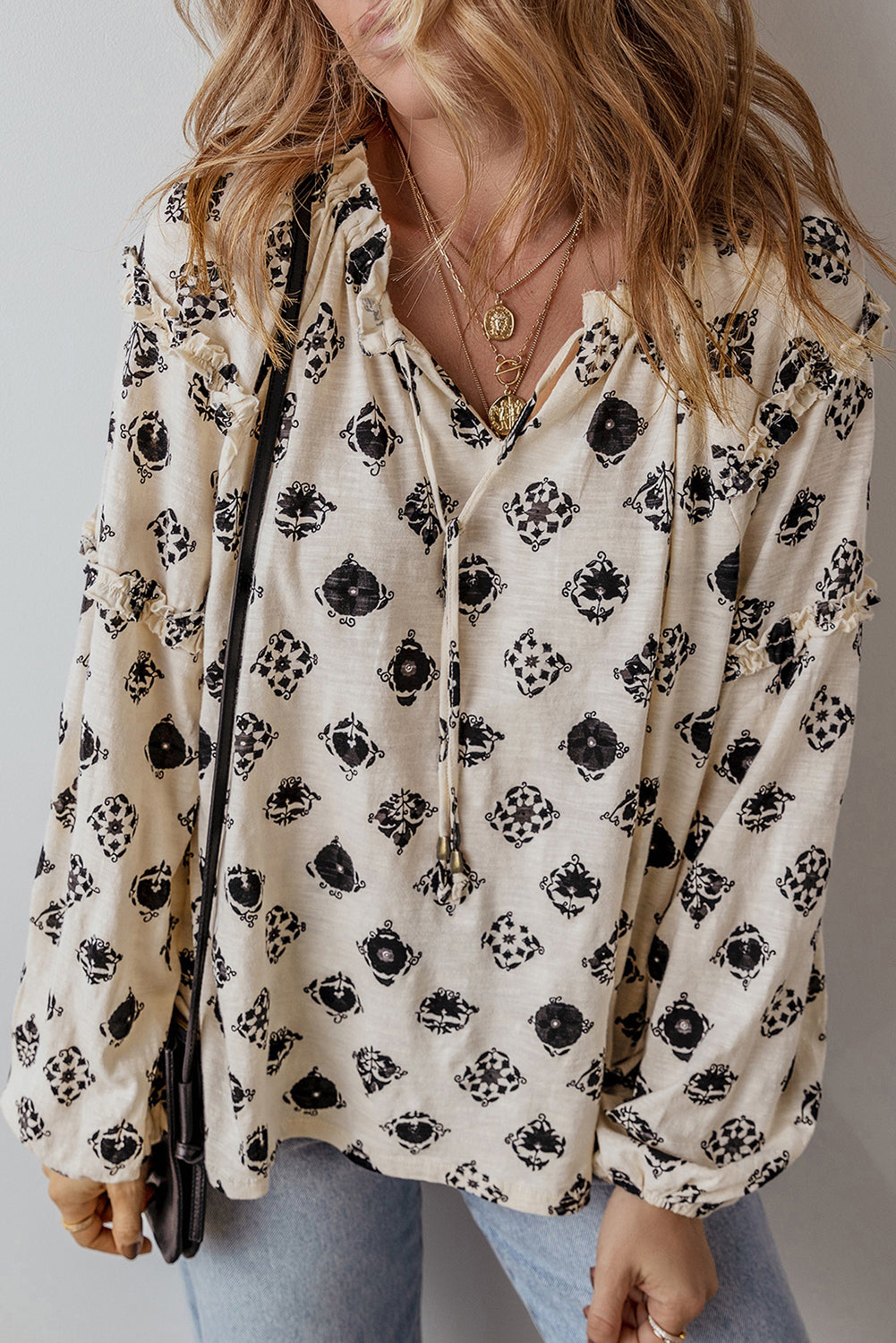 White Printed Split Neck Bubble Sleeve Loose Blouse-Bella Boutique Collective
