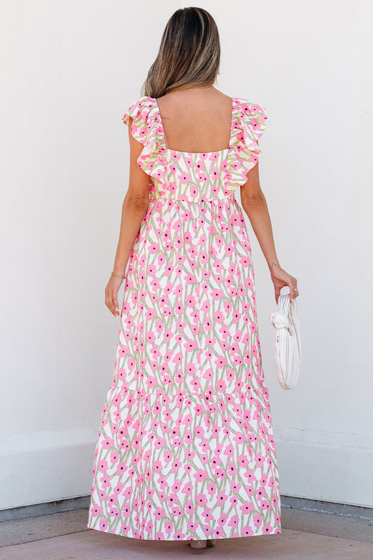 Pink Floral Print Square Neck Ruffled Strap Maxi Dress-Bella Boutique Collective