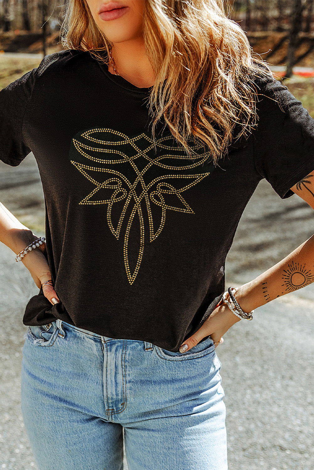 Black Rhinestone Western Pattern Cotton Blend Graphic T Shirt-Bella Boutique Collective