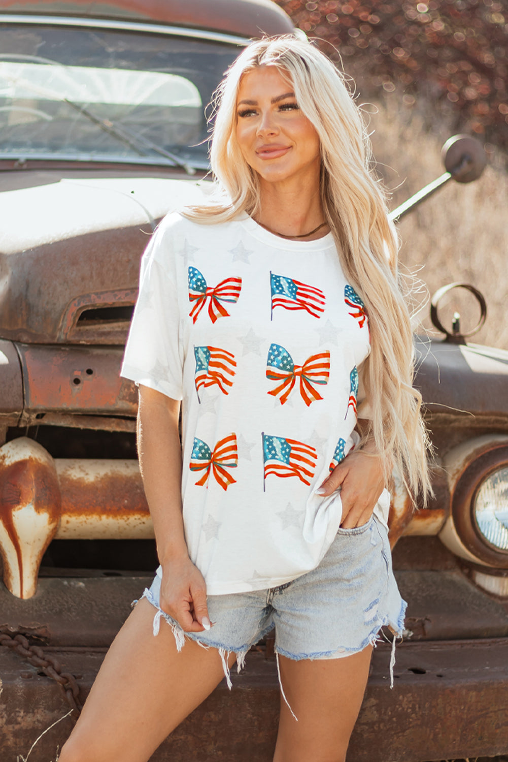 Khaki Patriotic Flag Bow Graphic Starry Round Neck T Shirt-Bella Boutique Collective