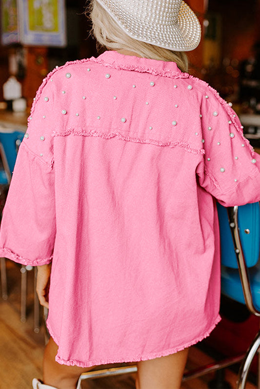 Bonbon Pearl Beaded Raw Hem Button Up Denim Jacket-Bella Boutique Collective