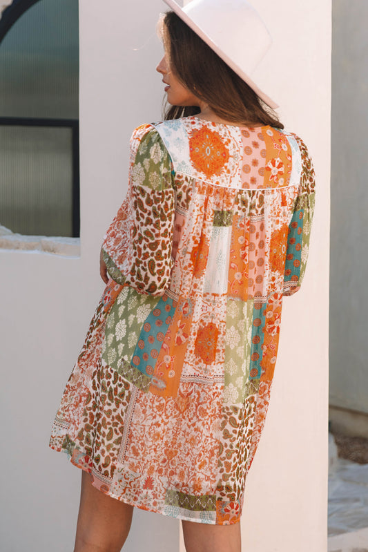 Orange Boho Paisley Mixed Print 3/4 Sleeve Chiffon Loose Dress-Bella Boutique Collective