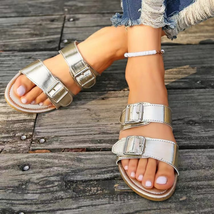 Open Toe Double Buckle Sandals-Bella Boutique Collective
