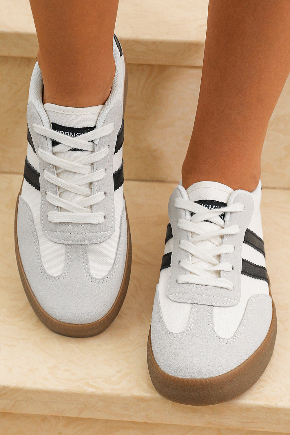 White Striped Lace-up Flat Sneakers-Bella Boutique Collective
