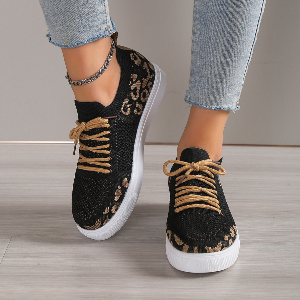 Lace-Up Leopard Flat Sneakers-Bella Boutique Collective