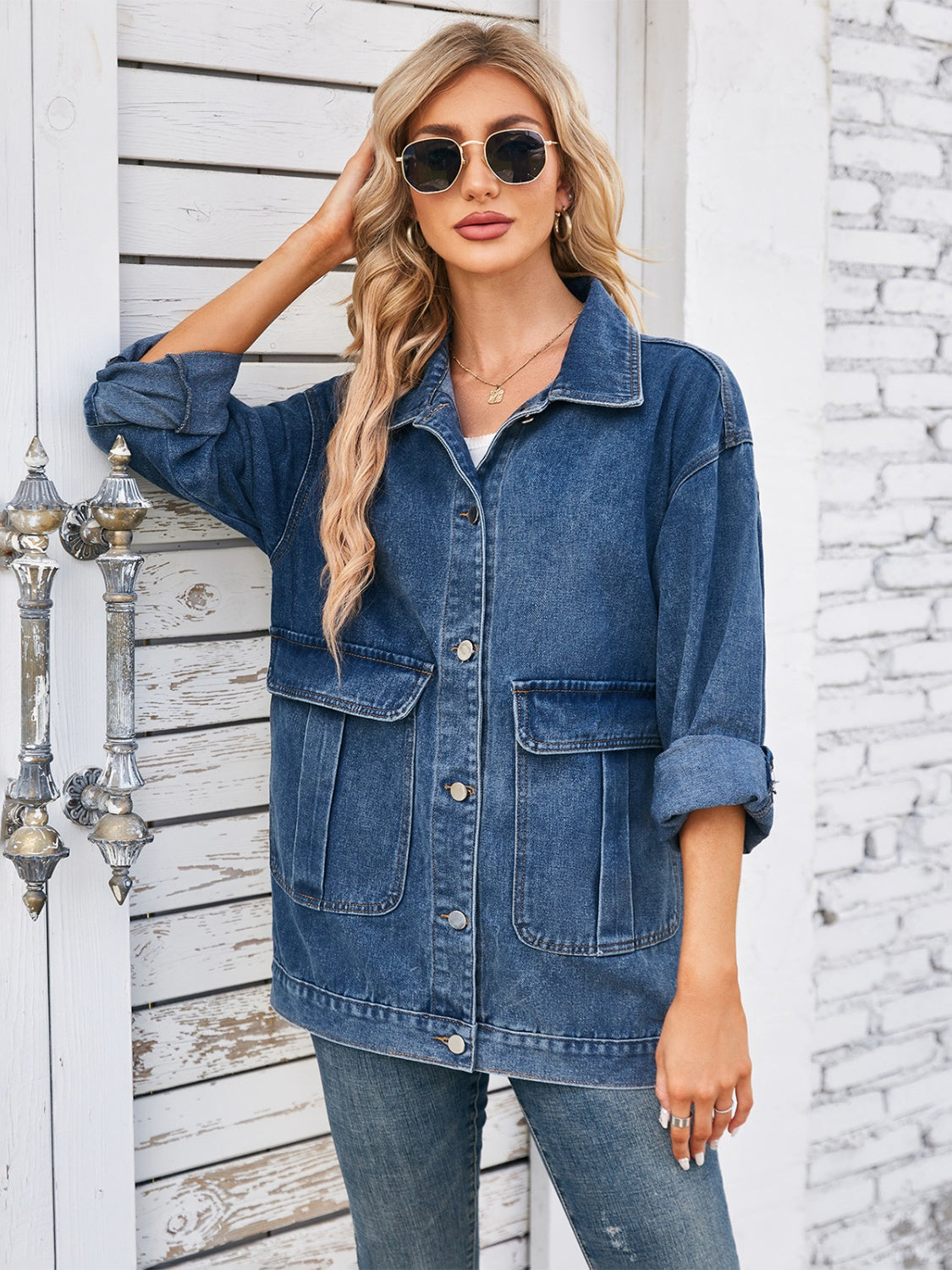 Button Up Long Sleeve Denim Jacket-Bella Boutique Collective