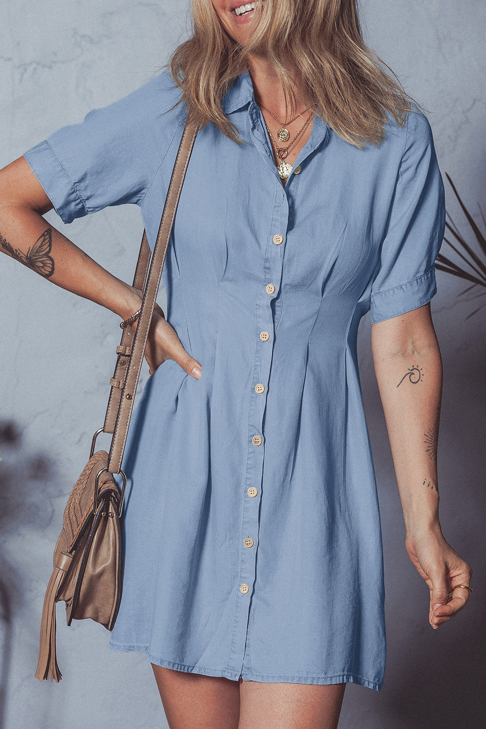 Myosotis Denim Pleated Slim Waist Short Sleeve Shirt Dress-Bella Boutique Collective