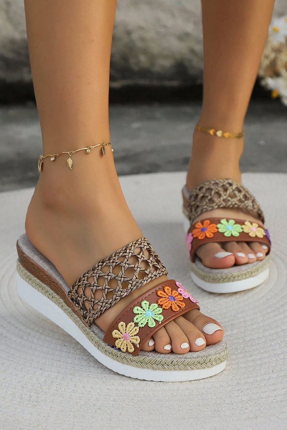 White Floral Print Braided Details Wedge Slippers-Bella Boutique Collective