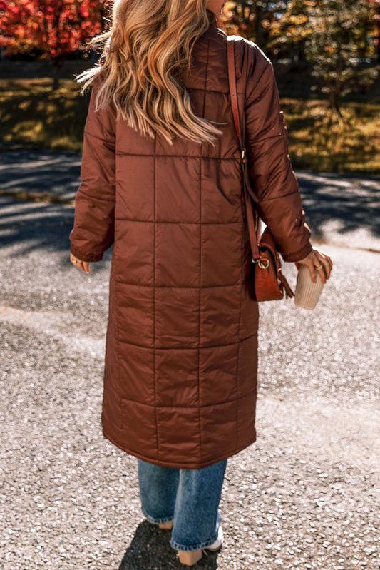 Coffee Quilted Puffer Stand Neck Zipped Mid-length Coat-Bella Boutique Collective
