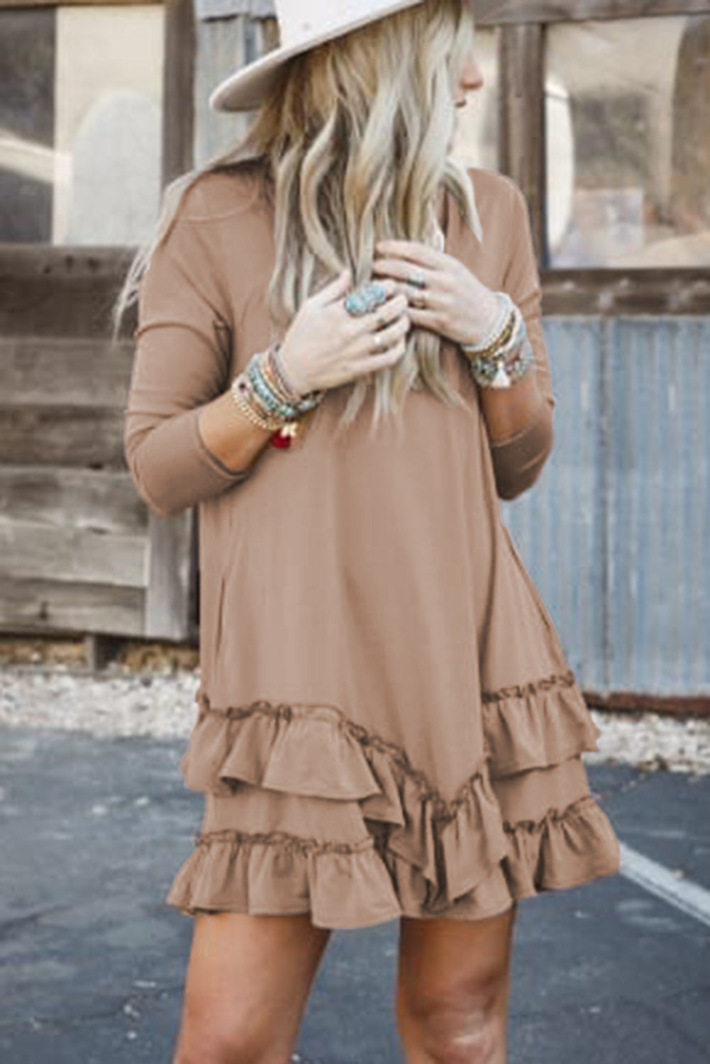 Goat Scoop Neck Tiered Ruffled Hem Long Sleeve Mini Dress-Bella Boutique Collective