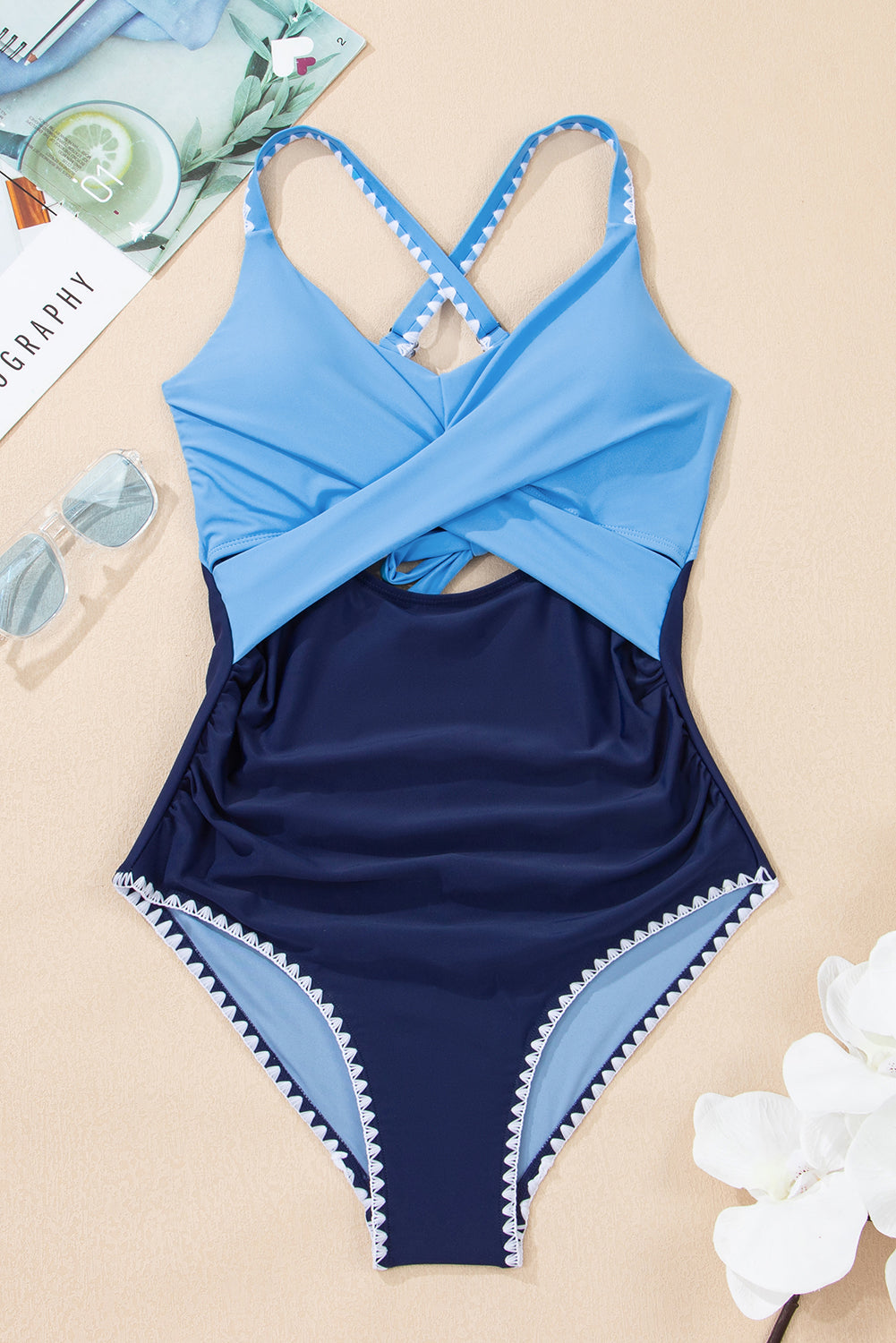 Beau Blue Ric Rac Trim Contrasted Patchwork Cutout One Piece Swimsuit-Bella Boutique Collective