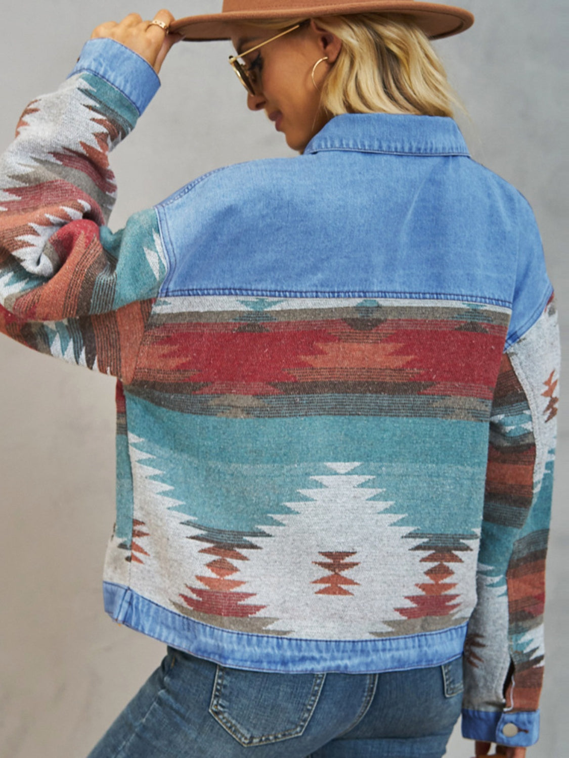 Geometric Button Up Dropped Shoulder Denim Jacket-Bella Boutique Collective