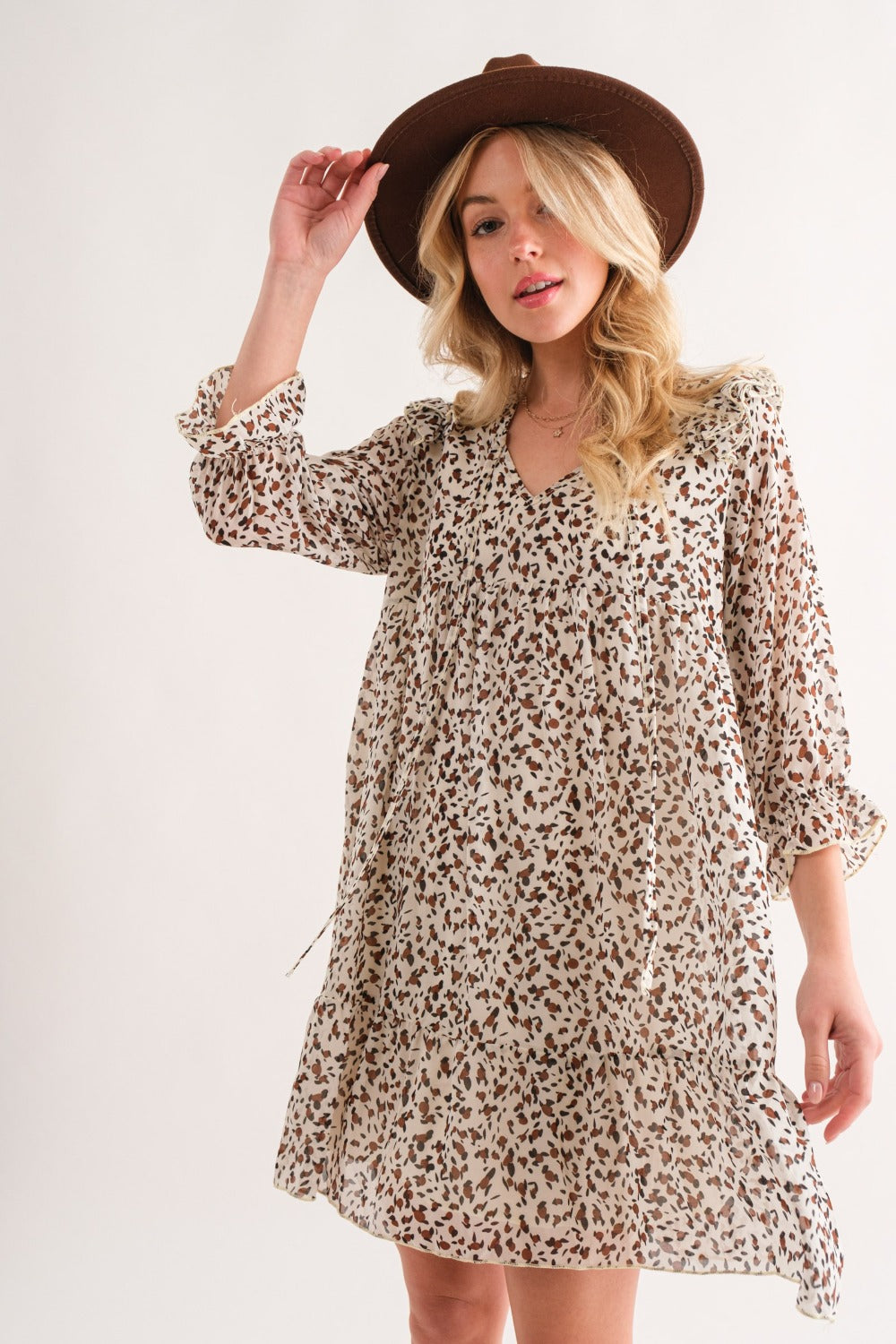 And The Why Leopard Ruffle Hem Woven Mini Dress-Bella Boutique Collective
