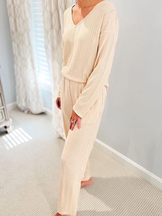V-Neck Long Sleeve Top and Pants Set-Bella Boutique Collective