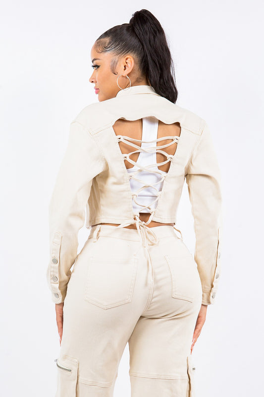 American Bazi Laced Back Cropped Jacket-Bella Boutique Collective