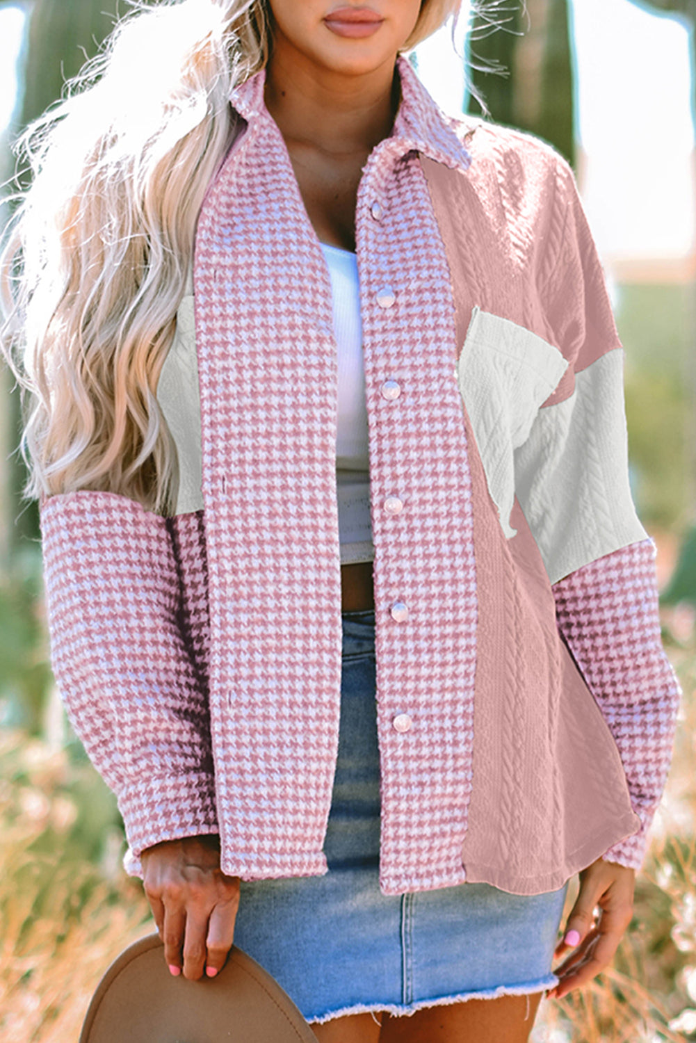 Pink Houndstooth Color Contrast Textured Patchwork Loose Shacket-Bella Boutique Collective