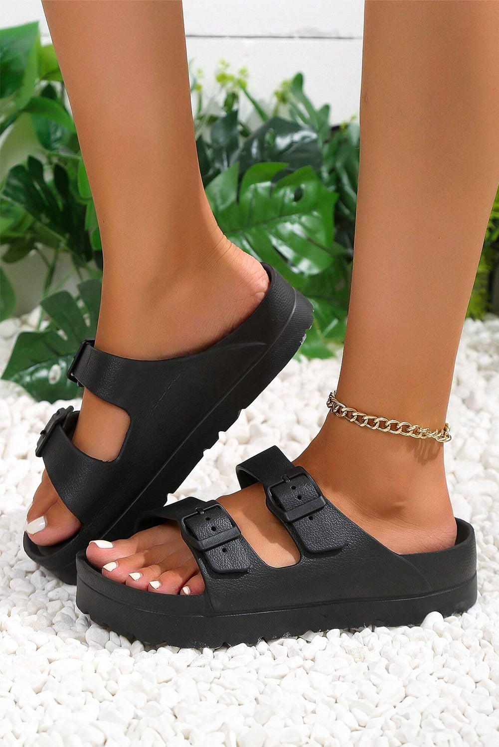 Black Double-buckle EVA Slippers-Bella Boutique Collective