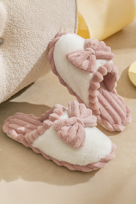 Fushia Bow Decor Color Block Ribbed Plush Slippers-Bella Boutique Collective