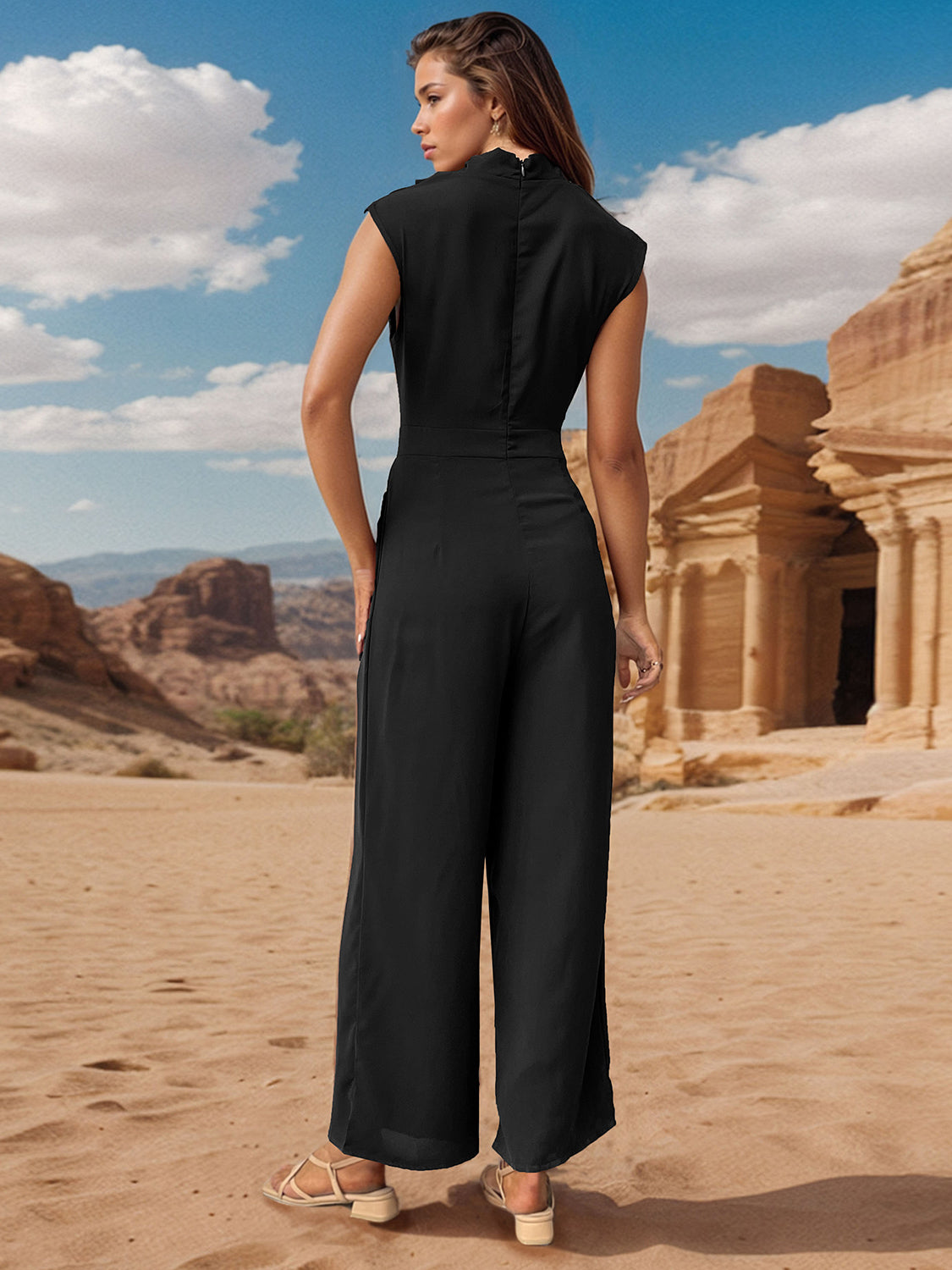 Perfee Ruched Mock Neck Sleeveless Jumpsuit-Bella Boutique Collective