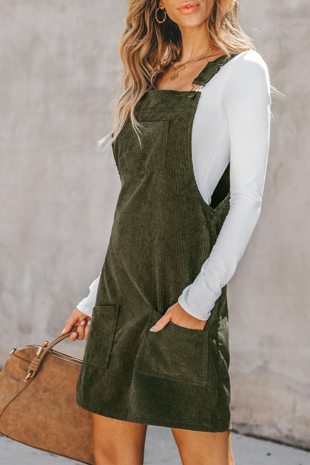 Vineyard Green Solid Front Pockets Sleeveless Corduroy Overall Dress-Bella Boutique Collective