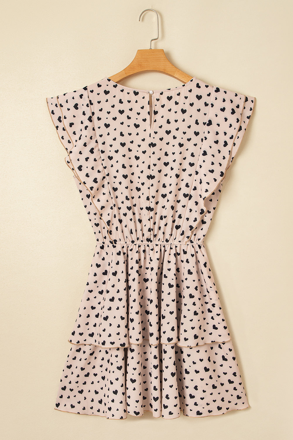 Khaki Heart Printed Flutter Sleeve Cinched Waist Tiered Ruffle Mini Dress-Bella Boutique Collective