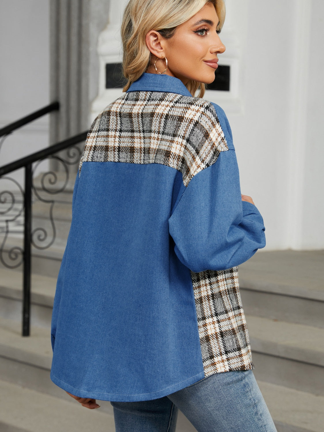Plaid Button Up Long Sleeve Denim Jacket-Bella Boutique Collective