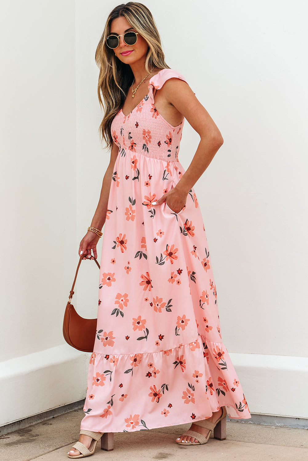Pink Floral V Neck Smocked High Waist Ruffle Hem Long Dress-Bella Boutique Collective