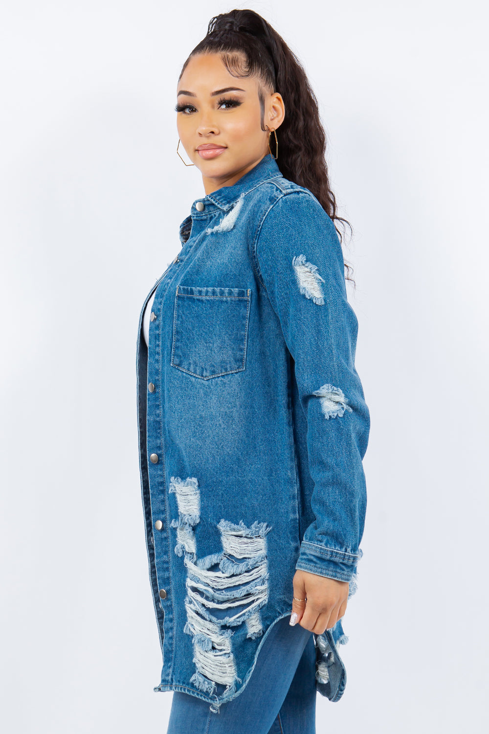 American Bazi Distressed Button Up Long Sleeve Denim Jacket-Bella Boutique Collective
