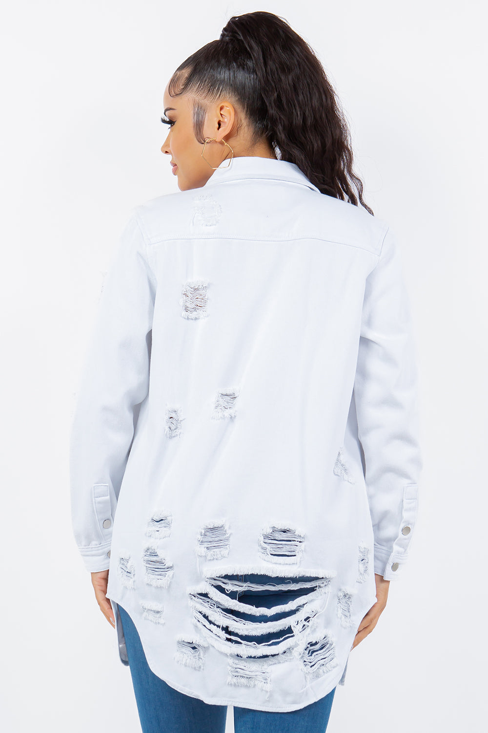 American Bazi Distressed Button Up Long Sleeve Denim Jacket-Bella Boutique Collective