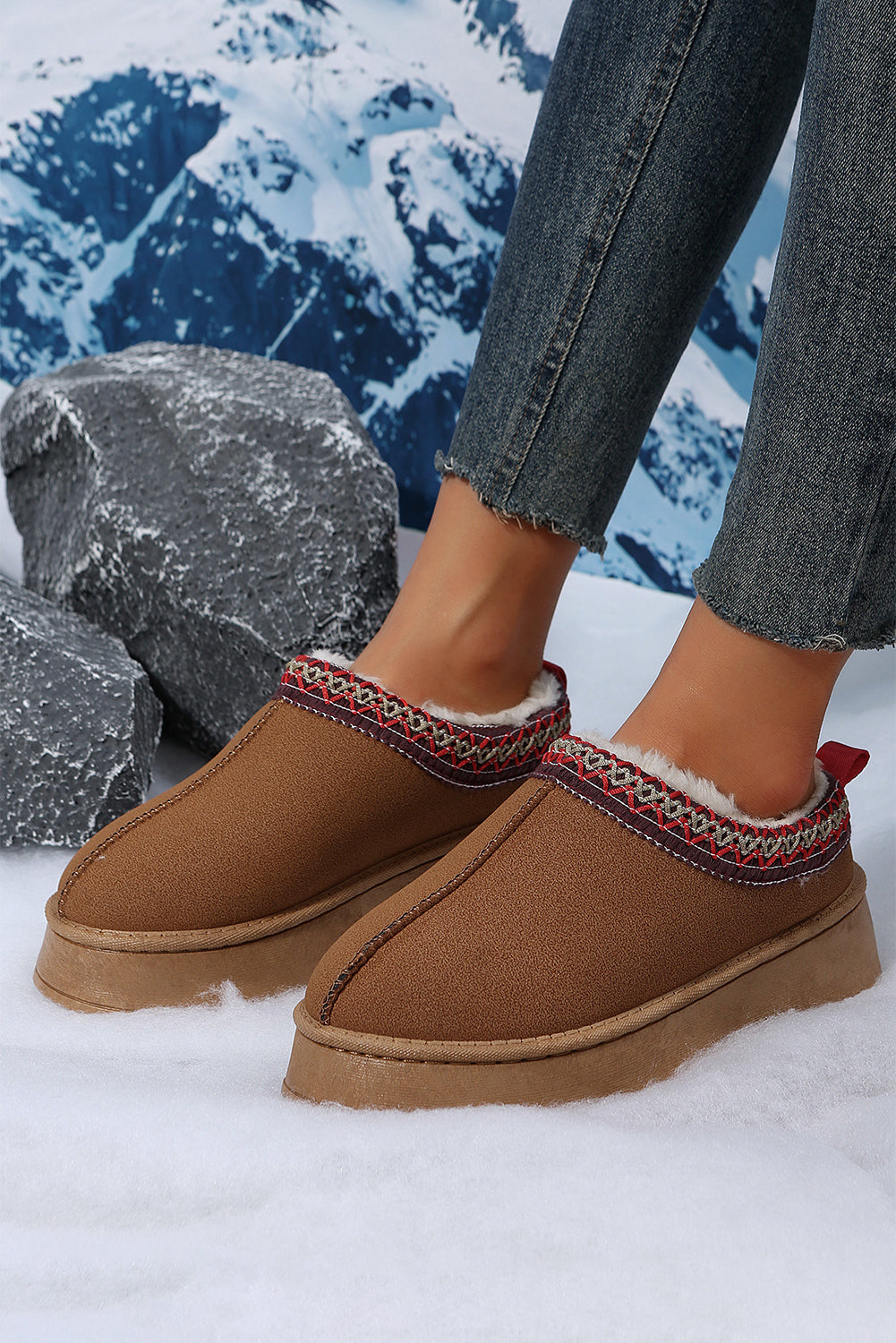 Chestnut Contrast Print Suede Plush Lined Snow Boots-Bella Boutique Collective