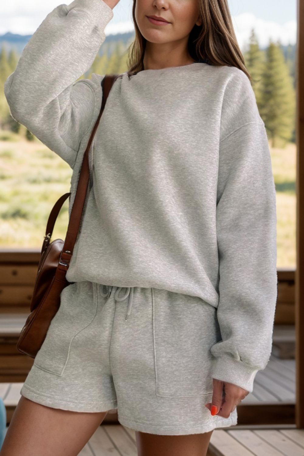 Round Neck Dropped Shoulder Sweatshirt and Shorts Set-Bella Boutique Collective
