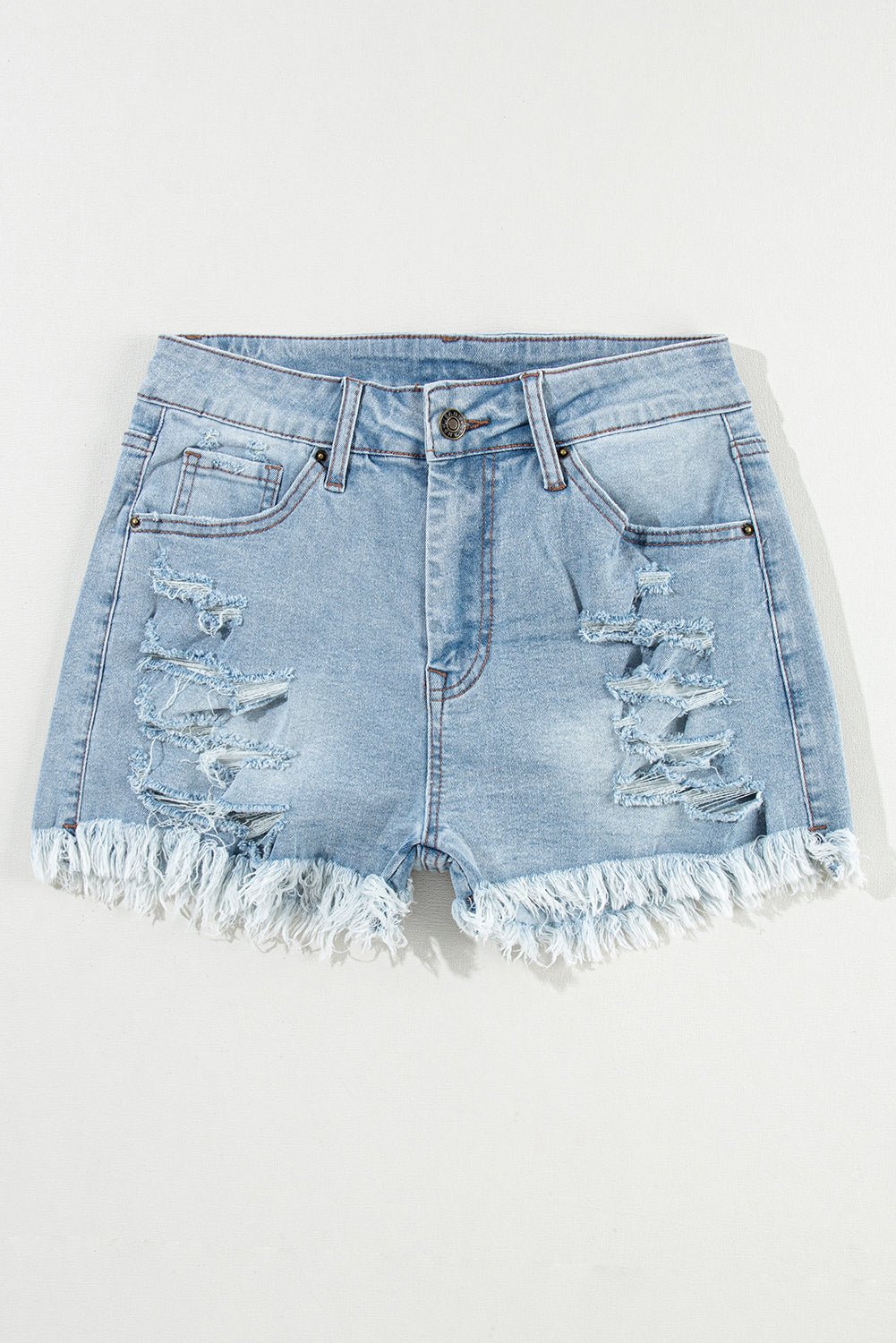Light Blue Distressed Ripped Raw Hem High Waist Denim Shorts-Bella Boutique Collective