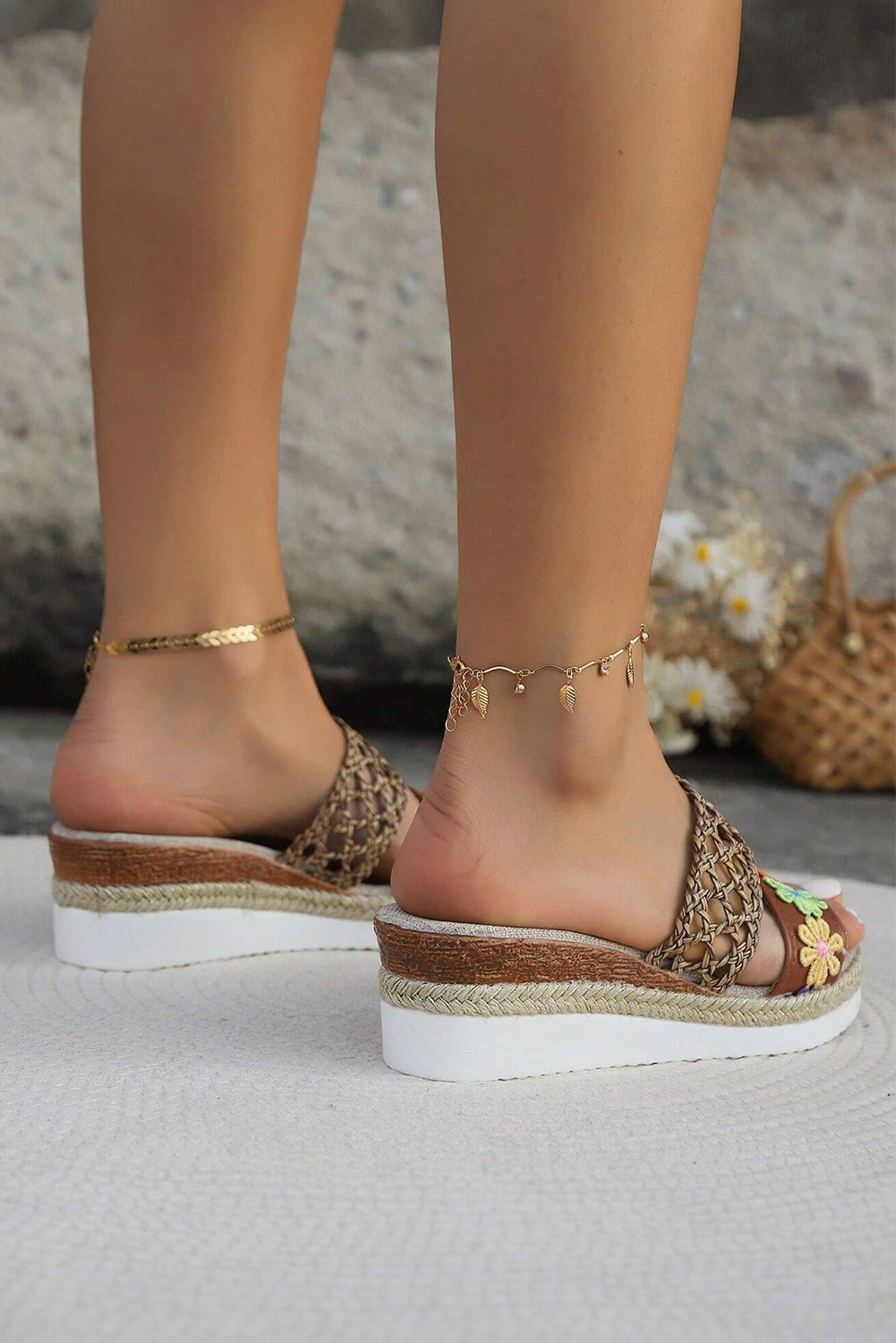 White Floral Print Braided Details Wedge Slippers-Bella Boutique Collective