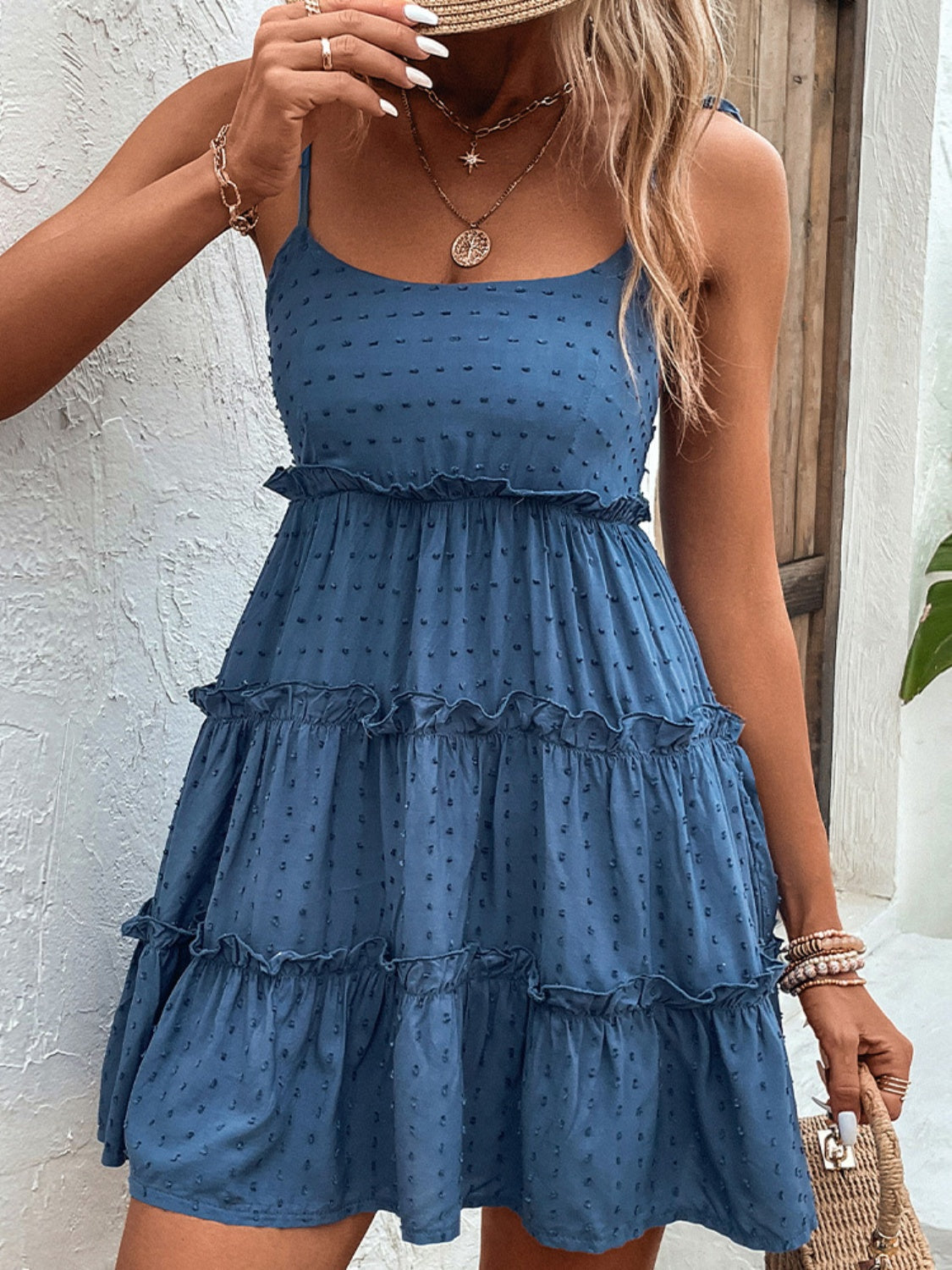 Shiny Frill Spaghetti Strap Tiered Dress-Bella Boutique Collective