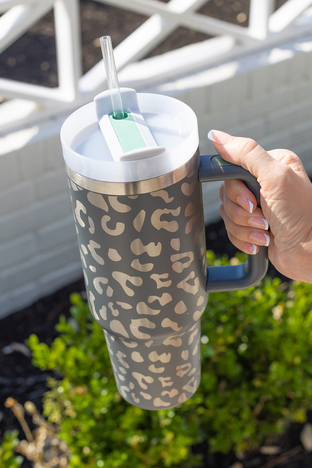Gray Leopard Print 40OZ Stainless Steel Portable Cup with Handle-Bella Boutique Collective