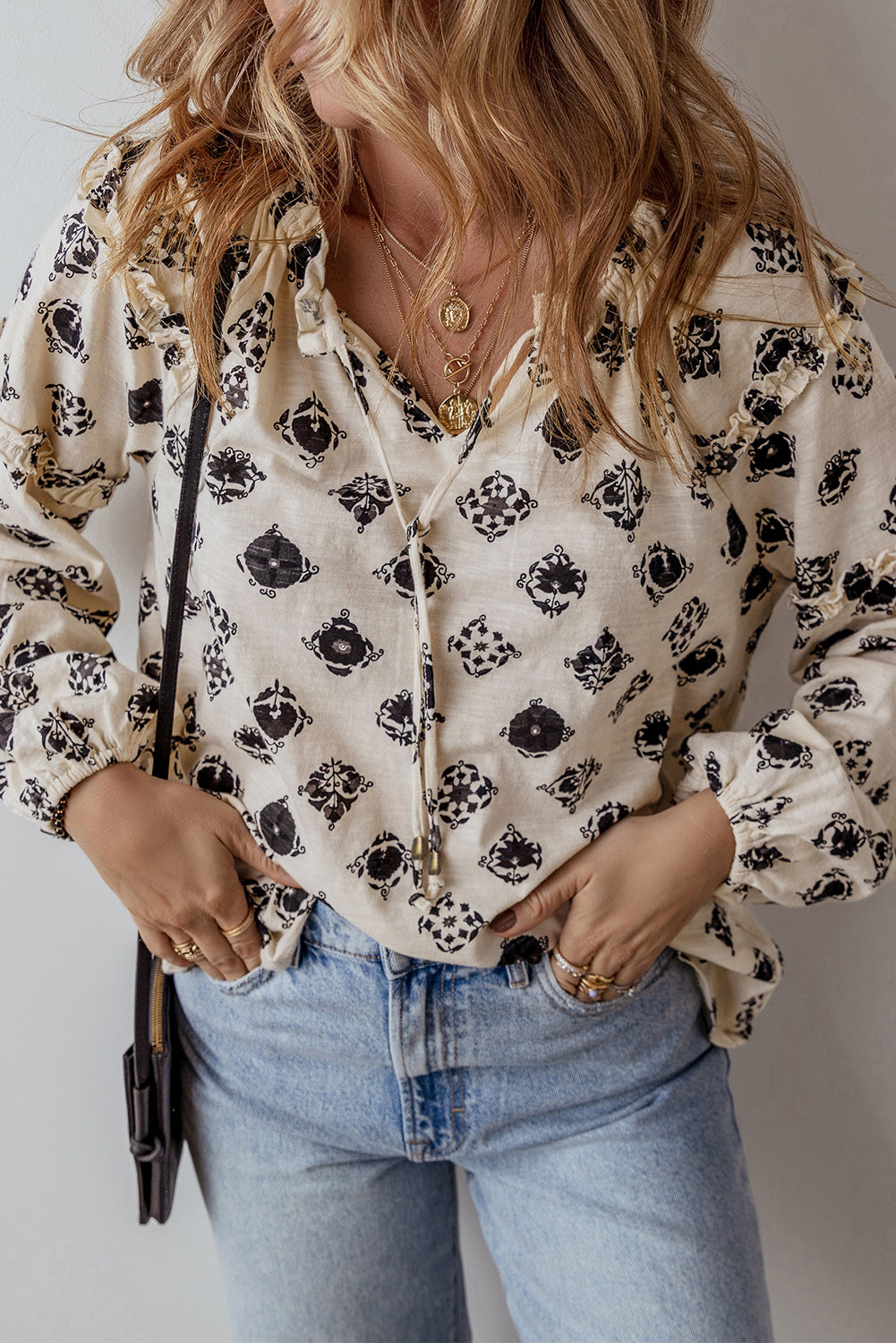 White Printed Split Neck Bubble Sleeve Loose Blouse-Bella Boutique Collective
