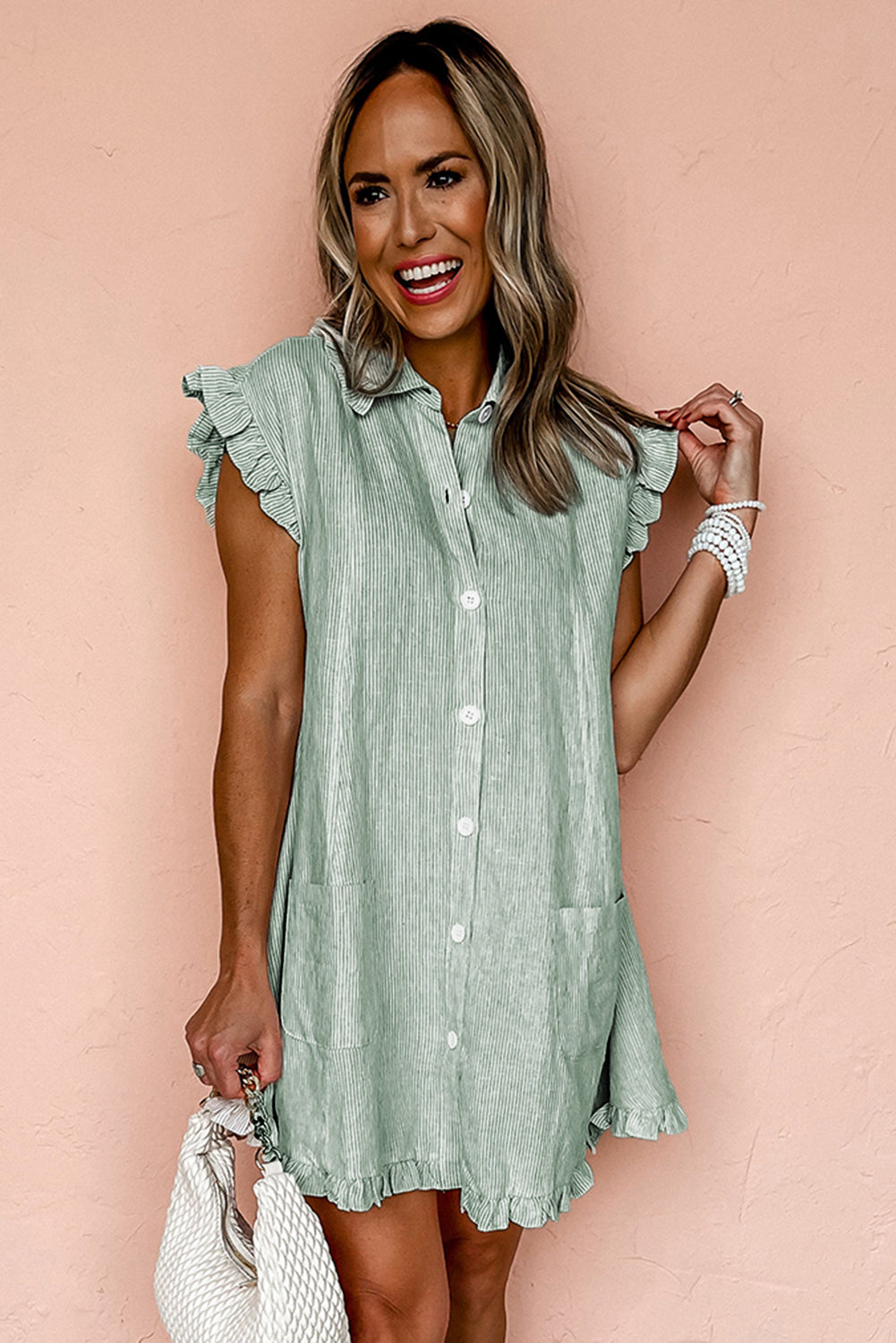 Green Stripe Frilled Sleeveless Collar Front Pocket Button Up Mini Dress-Bella Boutique Collective