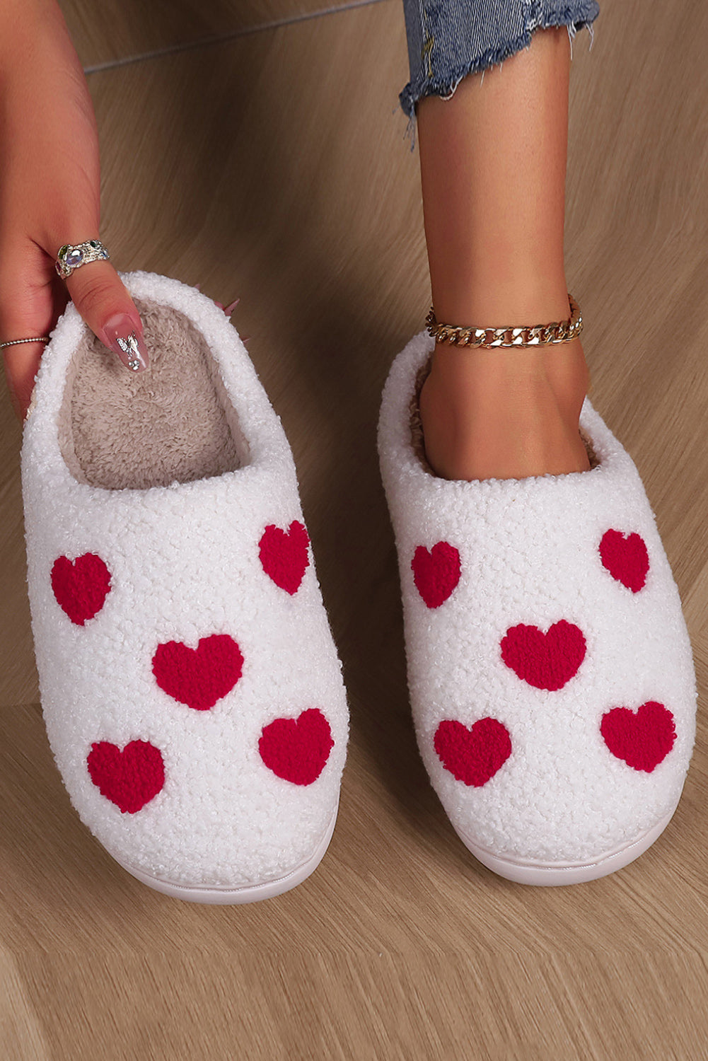 White Valentines Day Hearts Print Plush House Slippers-Bella Boutique Collective