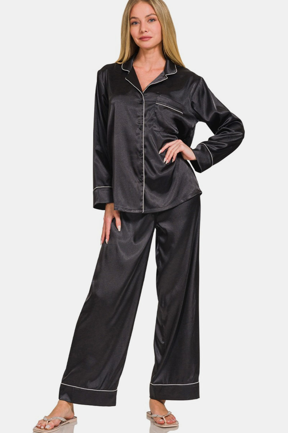 Zenana Satin Long Sleeve Shirt and Pants Pajama Set-Bella Boutique Collective