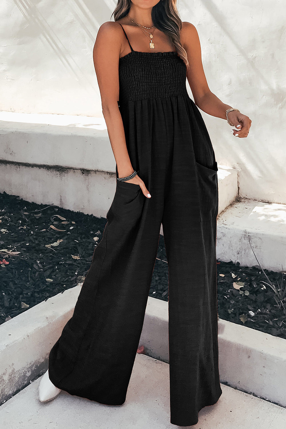Smocked Spaghetti Strap Wide Leg Jumpsuit-Bella Boutique Collective