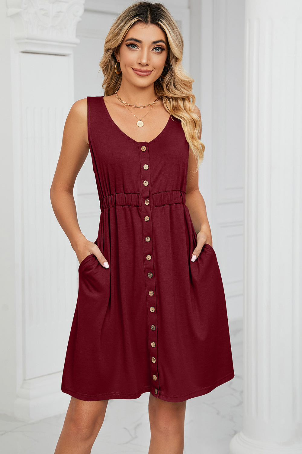 Buttoned Wide Strap Mini Dress-Bella Boutique Collective